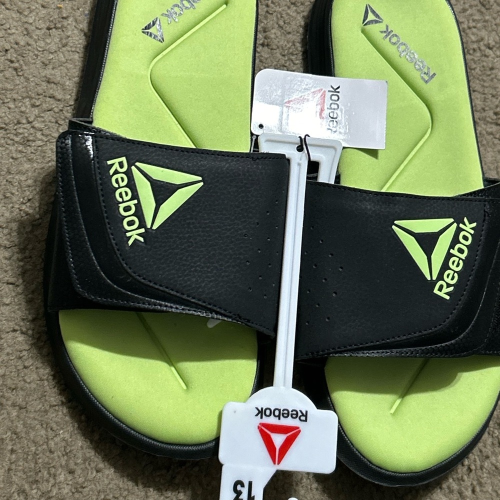 Reebok Black and Neon Green Slides